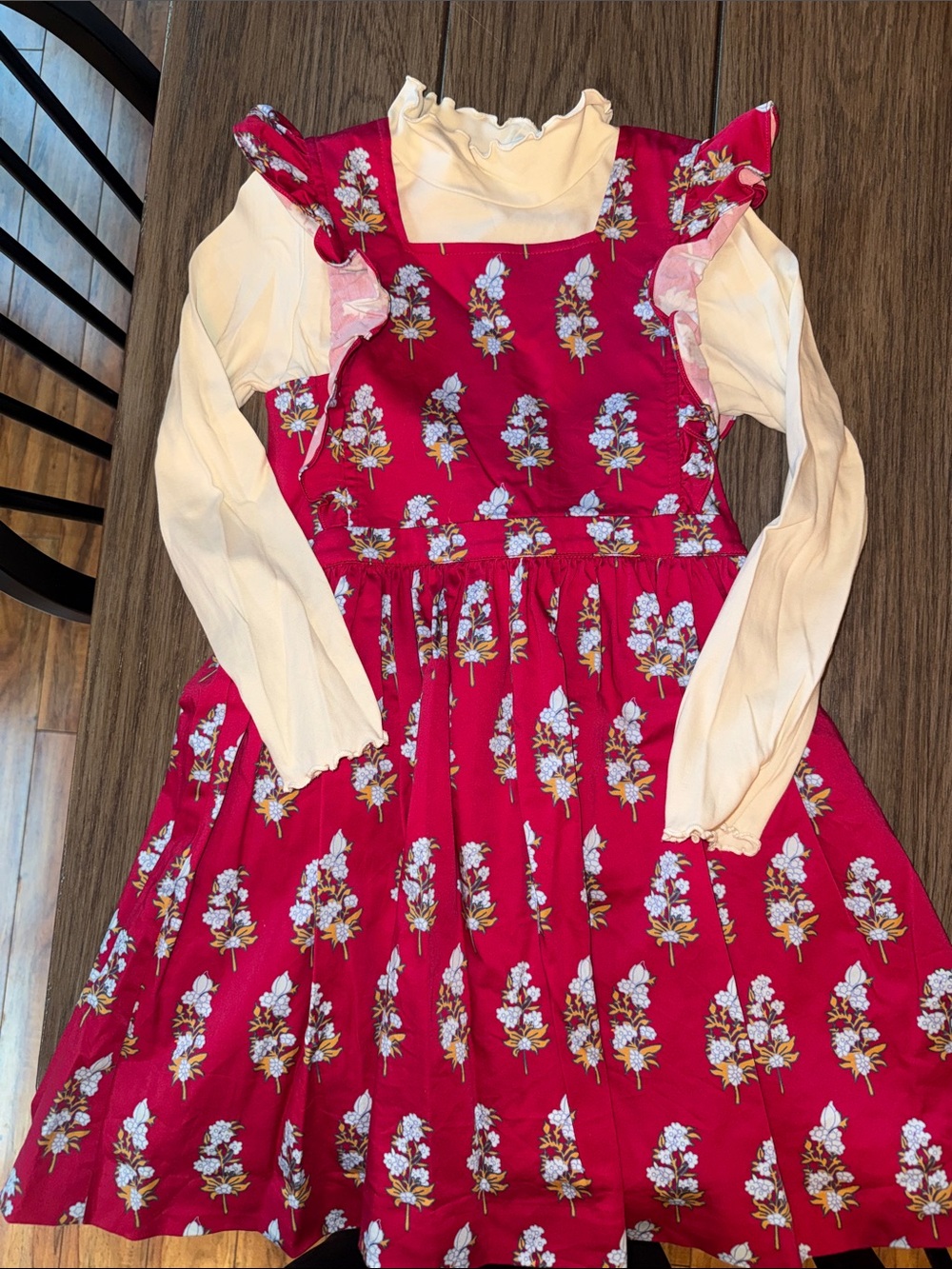 Girls' Floral Ruffle Pinafore Dress with Cream Top - Fitted Waist, Flared Skirt